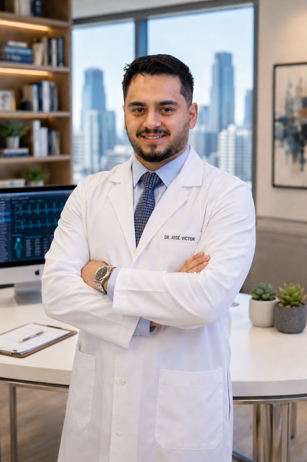 Retrato profissional do Dr. José Victor Gimenes em seu consultório, transmitindo confiança e autoridade médica.